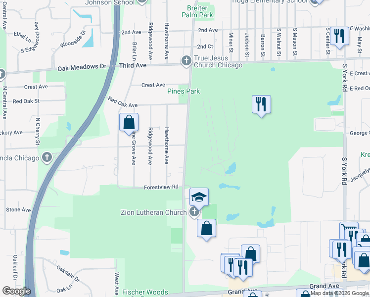 map of restaurants, bars, coffee shops, grocery stores, and more near 16W575 White Pine Road in Bensenville