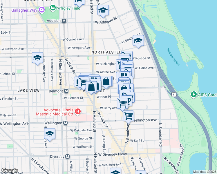 map of restaurants, bars, coffee shops, grocery stores, and more near 708 West Belmont Avenue in Chicago