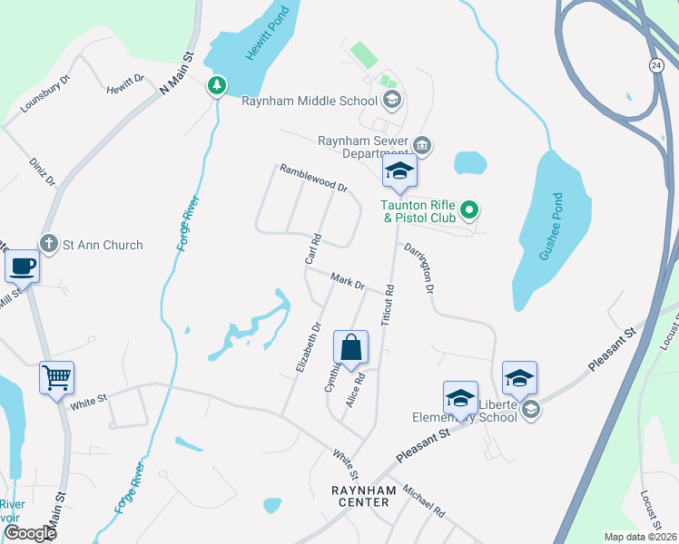 map of restaurants, bars, coffee shops, grocery stores, and more near 80 Mark Drive in Raynham
