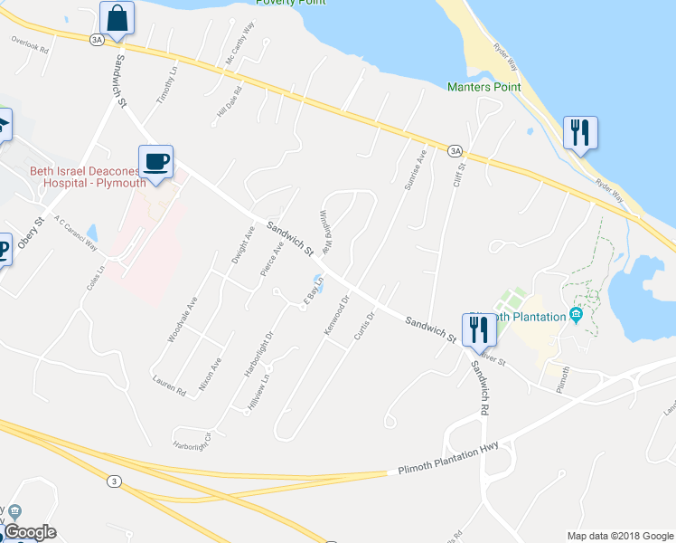 map of restaurants, bars, coffee shops, grocery stores, and more near 107 Winding Way in Plymouth