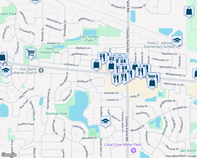 map of restaurants, bars, coffee shops, grocery stores, and more near 1028 Rockport Drive in Carol Stream