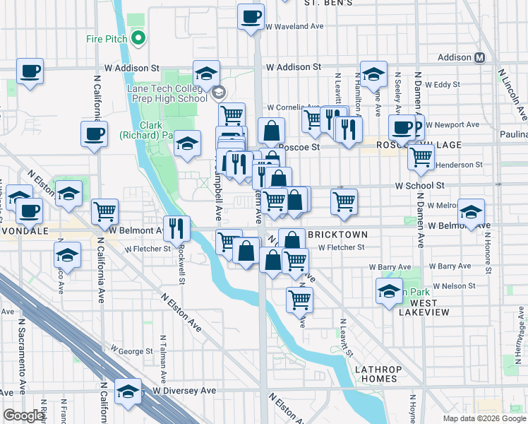 map of restaurants, bars, coffee shops, grocery stores, and more near 3223 N Western Ave in Chicago