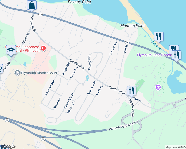 map of restaurants, bars, coffee shops, grocery stores, and more near 107 Winding Way in Plymouth
