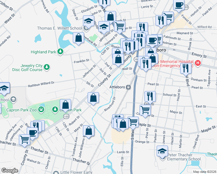 map of restaurants, bars, coffee shops, grocery stores, and more near 7 Sadler Street in Attleboro