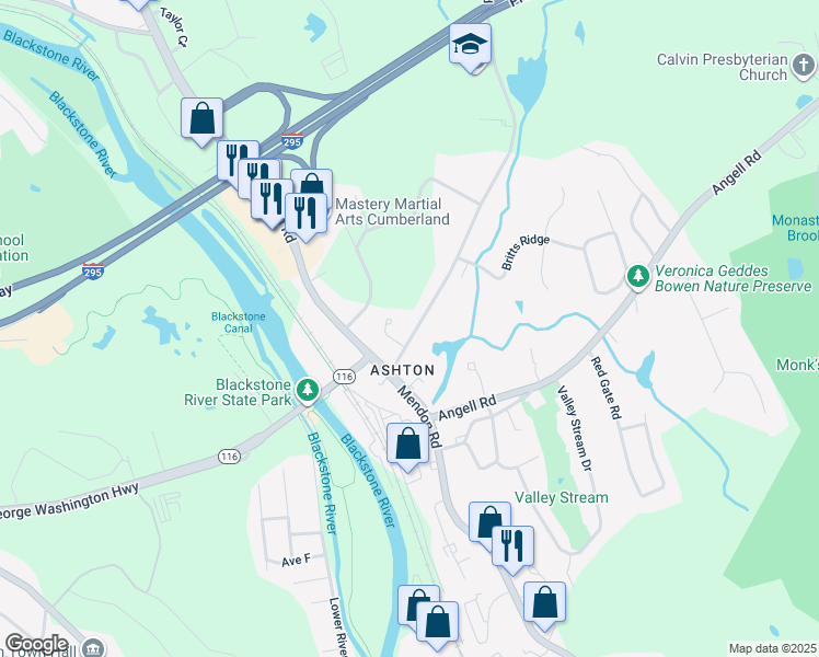 map of restaurants, bars, coffee shops, grocery stores, and more near 19 Scott Road in Cumberland