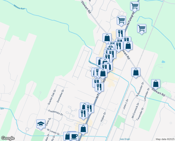 map of restaurants, bars, coffee shops, grocery stores, and more near 1690 Sunset Street in Monroe