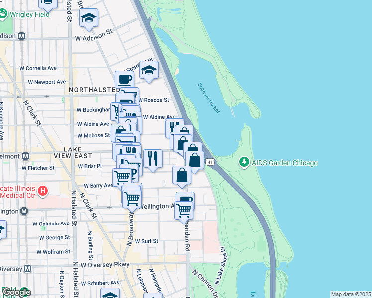 map of restaurants, bars, coffee shops, grocery stores, and more near 3394 North Sheridan Road in Chicago