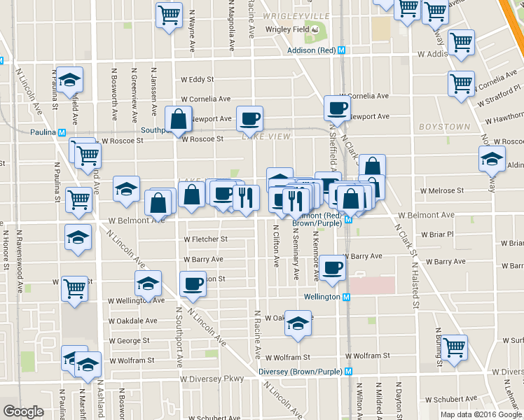 map of restaurants, bars, coffee shops, grocery stores, and more near in Chicago