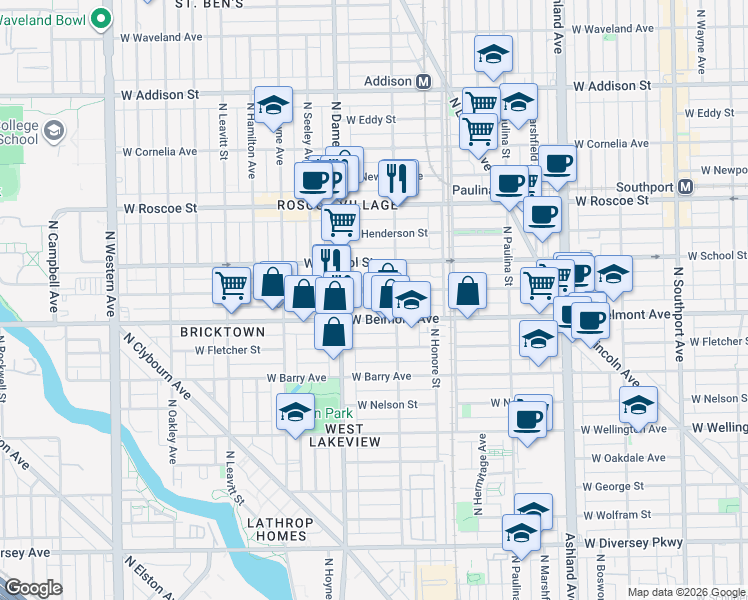 map of restaurants, bars, coffee shops, grocery stores, and more near 1912 West Belmont Avenue in Chicago
