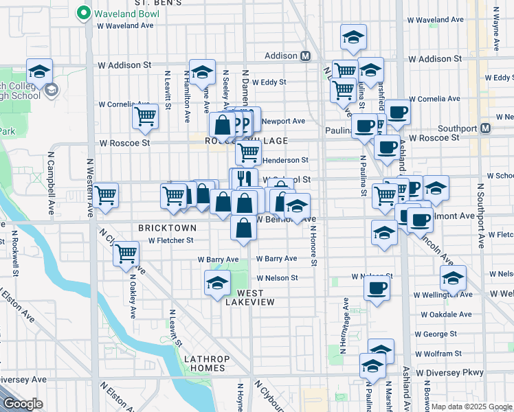 map of restaurants, bars, coffee shops, grocery stores, and more near 3201 North Damen Avenue in Chicago