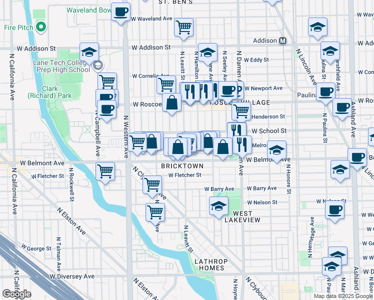 map of restaurants, bars, coffee shops, grocery stores, and more near 2143 West Melrose Street in Chicago