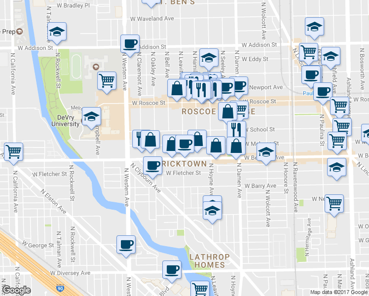 map of restaurants, bars, coffee shops, grocery stores, and more near 2143 West Melrose Street in Chicago
