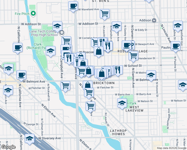 map of restaurants, bars, coffee shops, grocery stores, and more near 3209 North Oakley Avenue in Chicago