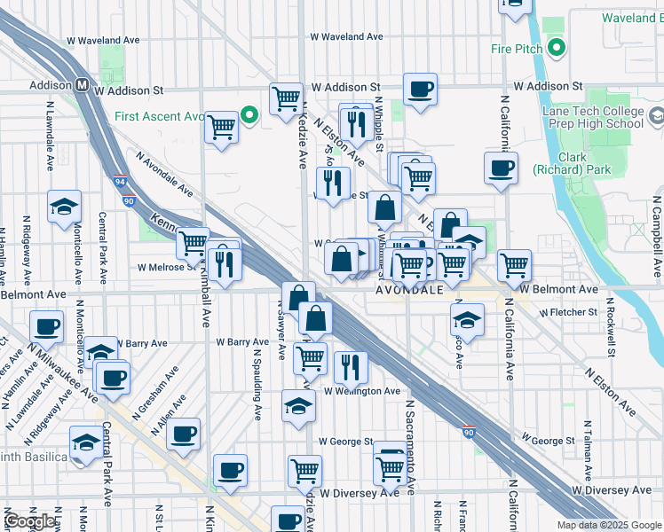 map of restaurants, bars, coffee shops, grocery stores, and more near 3223 North Troy Street in Chicago