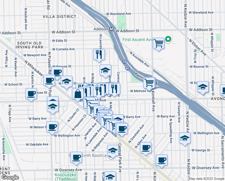 map of restaurants, bars, coffee shops, grocery stores, and more near 3229 North Monticello Avenue in Chicago