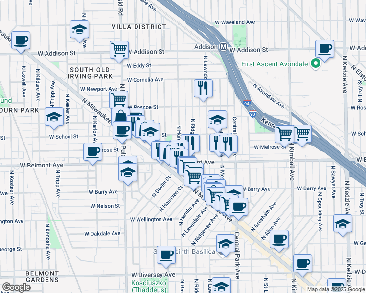 map of restaurants, bars, coffee shops, grocery stores, and more near 3228 North Ridgeway Avenue in Chicago