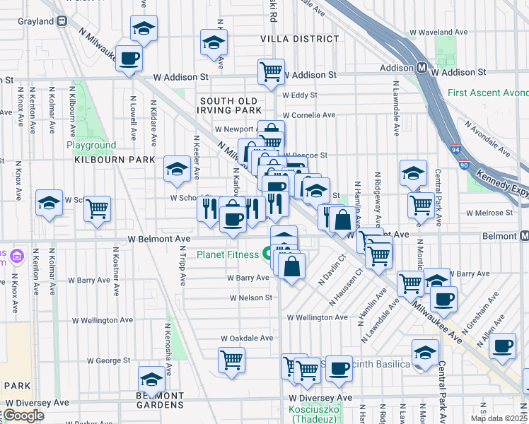 map of restaurants, bars, coffee shops, grocery stores, and more near 3224 North Pulaski Road in Chicago