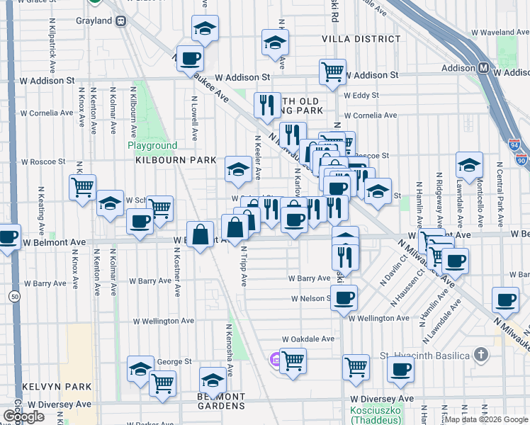 map of restaurants, bars, coffee shops, grocery stores, and more near 3239 North Keeler Avenue in Chicago