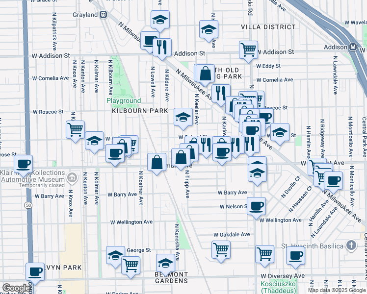 map of restaurants, bars, coffee shops, grocery stores, and more near 4234 West Melrose Street in Chicago