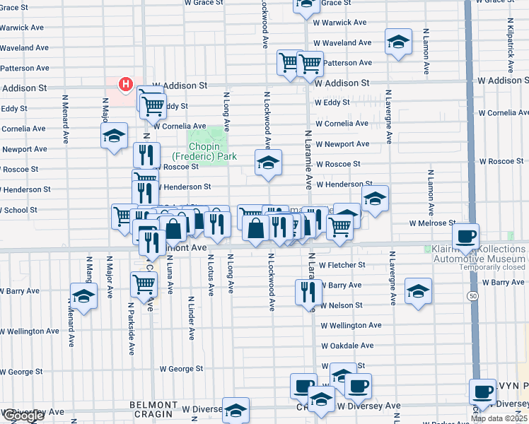 map of restaurants, bars, coffee shops, grocery stores, and more near 3241 North Lockwood Avenue in Chicago