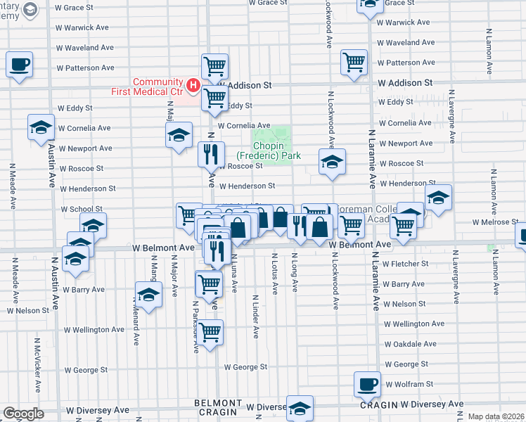 map of restaurants, bars, coffee shops, grocery stores, and more near 5445 West School Street in Chicago