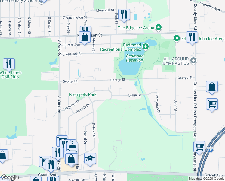 map of restaurants, bars, coffee shops, grocery stores, and more near 312 Gloria Jean Drive in Bensenville