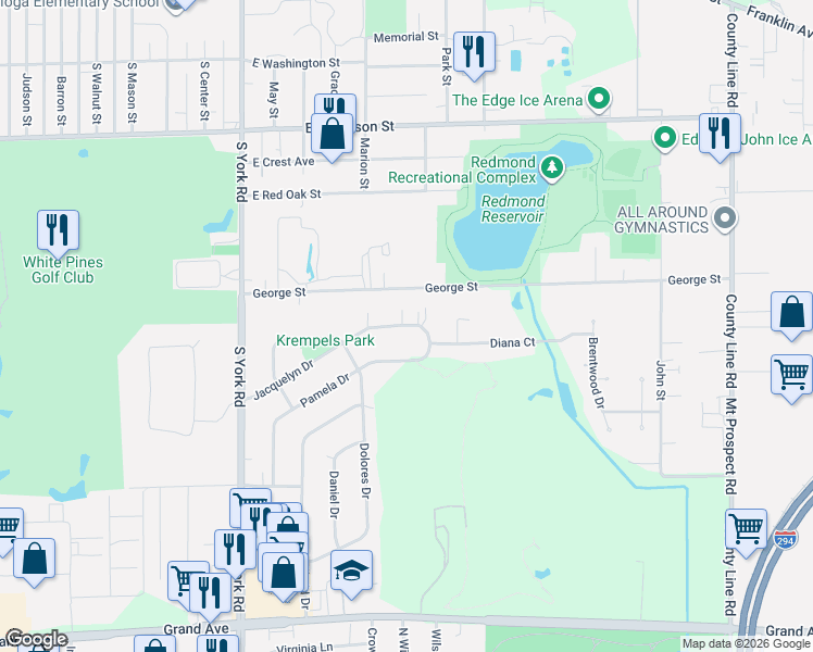 map of restaurants, bars, coffee shops, grocery stores, and more near 237 Jacquelyn Drive in Bensenville