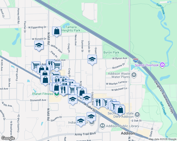 map of restaurants, bars, coffee shops, grocery stores, and more near 720 North Lincoln Avenue in Addison