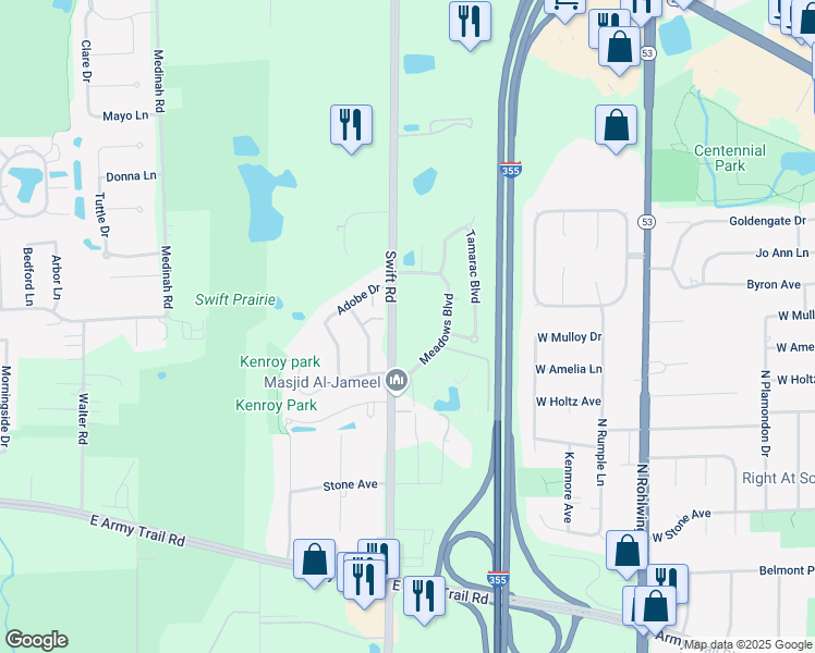 map of restaurants, bars, coffee shops, grocery stores, and more near 695 North Swift Road in Addison