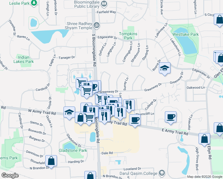 map of restaurants, bars, coffee shops, grocery stores, and more near 112 Greenway Drive in Bloomingdale