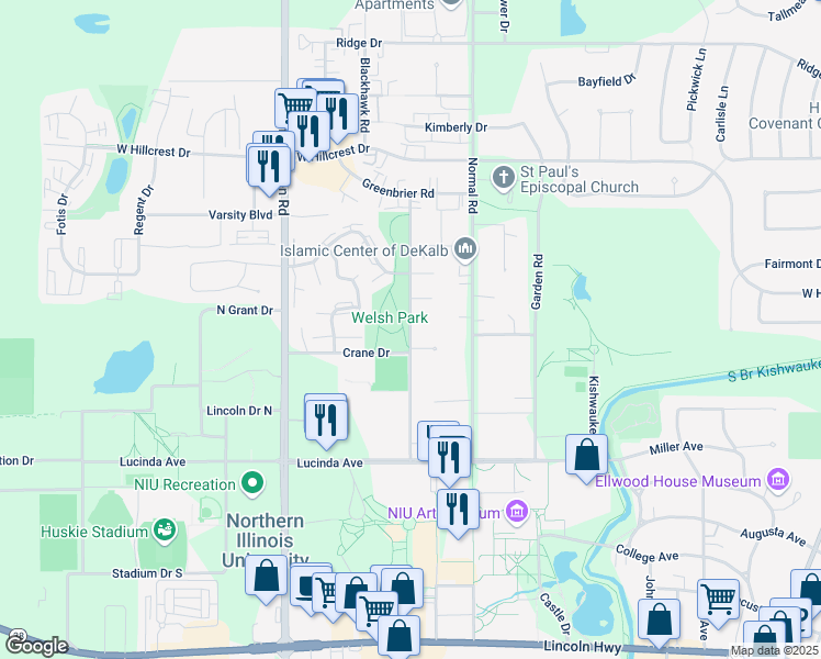 map of restaurants, bars, coffee shops, grocery stores, and more near in DeKalb