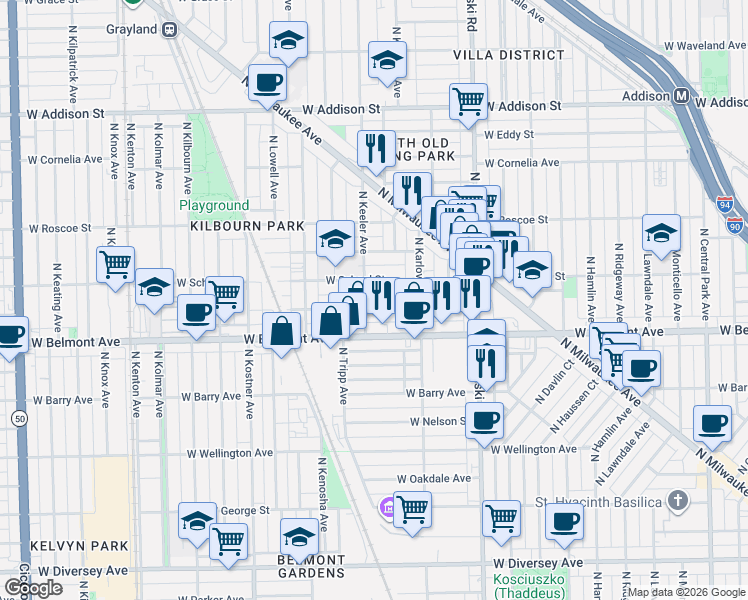 map of restaurants, bars, coffee shops, grocery stores, and more near 3239 North Keeler Avenue in Chicago