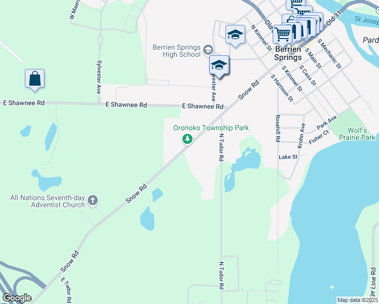 map of restaurants, bars, coffee shops, grocery stores, and more near 4576 Snow Road in Berrien Springs