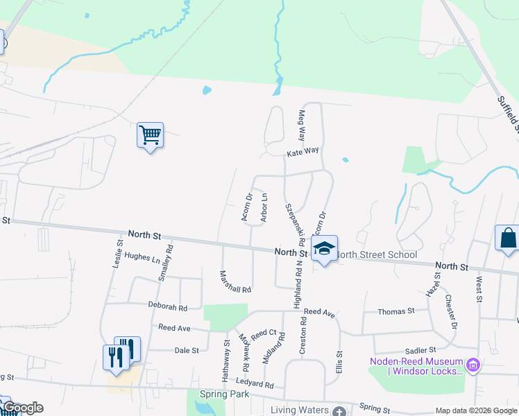 map of restaurants, bars, coffee shops, grocery stores, and more near 10 Arbor Lane in Windsor Locks