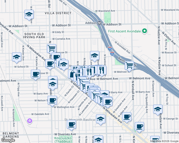 map of restaurants, bars, coffee shops, grocery stores, and more near 3224 North Lawndale Avenue in Chicago
