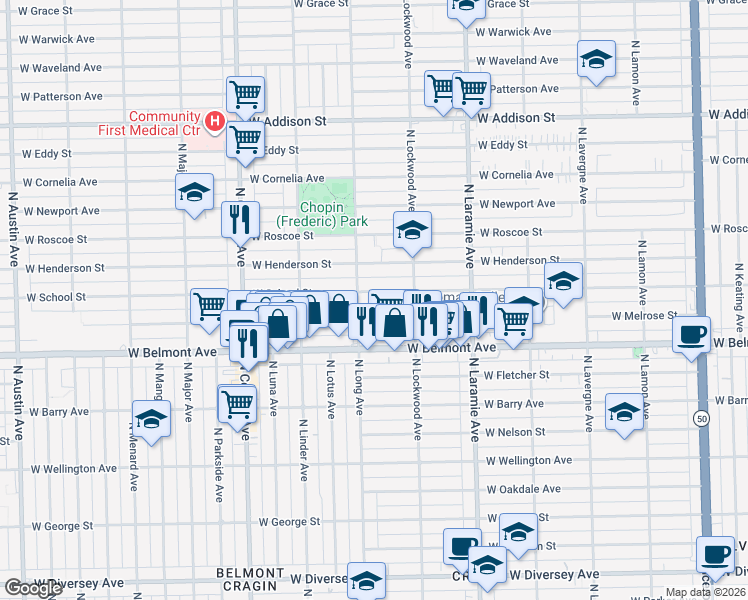 map of restaurants, bars, coffee shops, grocery stores, and more near 5331 West School Street in Chicago