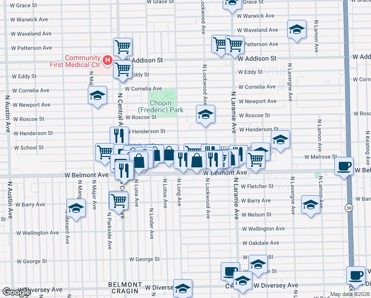 map of restaurants, bars, coffee shops, grocery stores, and more near 5331 West School Street in Chicago