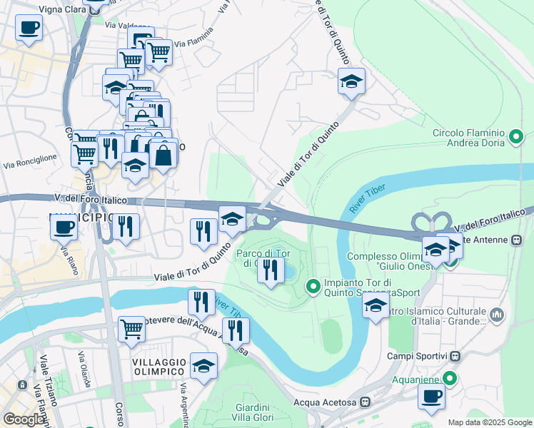 map of restaurants, bars, coffee shops, grocery stores, and more near Via del Foro Italico in Roma