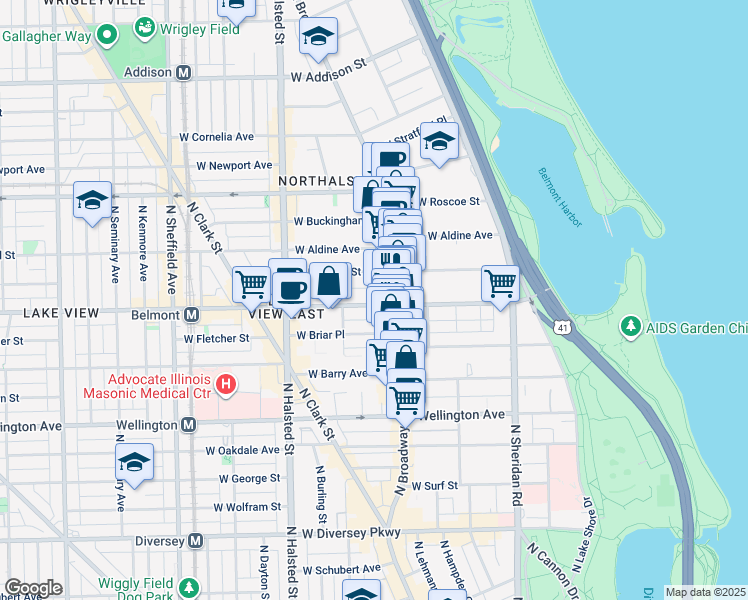 map of restaurants, bars, coffee shops, grocery stores, and more near 620 West Belmont Avenue in Chicago
