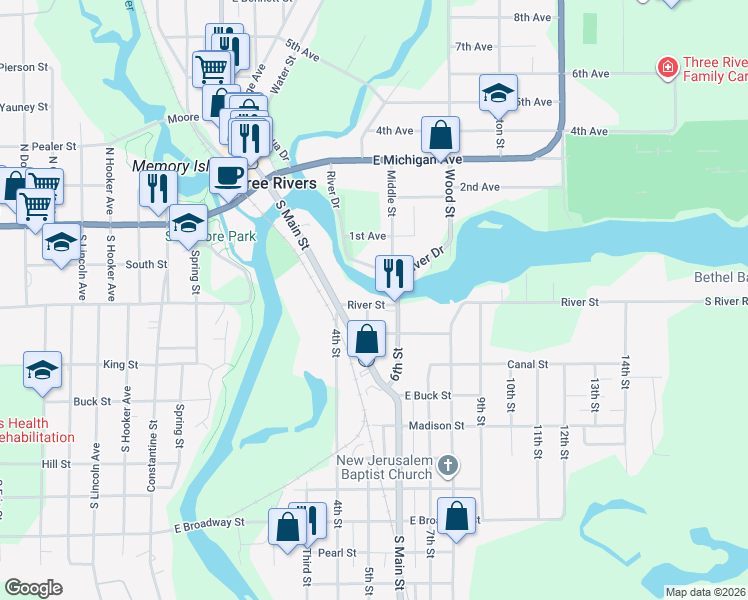 map of restaurants, bars, coffee shops, grocery stores, and more near 403 6th Street in Three Rivers