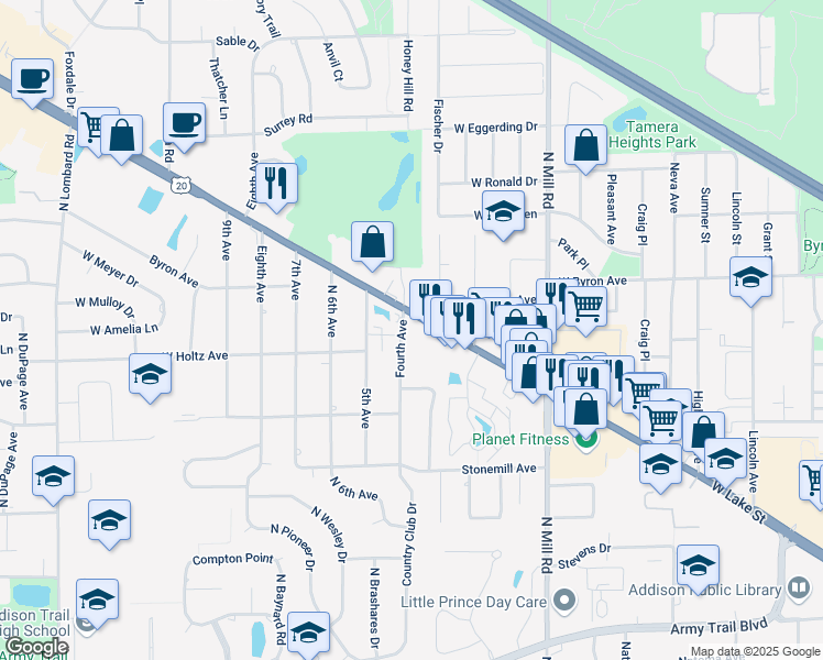 map of restaurants, bars, coffee shops, grocery stores, and more near 715 West Lake Street in Addison