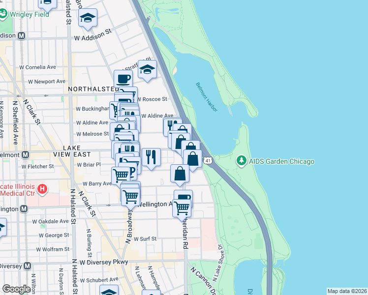 map of restaurants, bars, coffee shops, grocery stores, and more near 2900 North Lake Shore Drive in Chicago