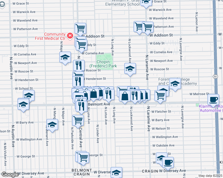 map of restaurants, bars, coffee shops, grocery stores, and more near 5405 West School Street in Chicago