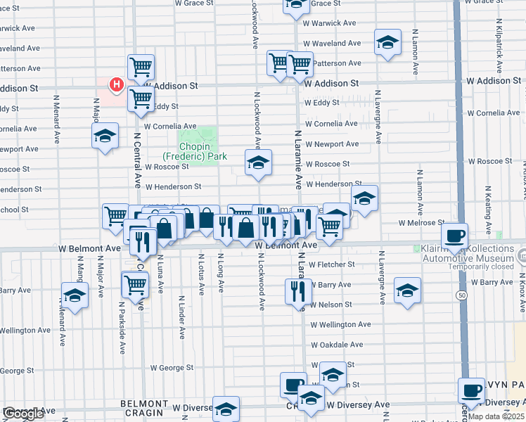 map of restaurants, bars, coffee shops, grocery stores, and more near 3241 North Lockwood Avenue in Chicago