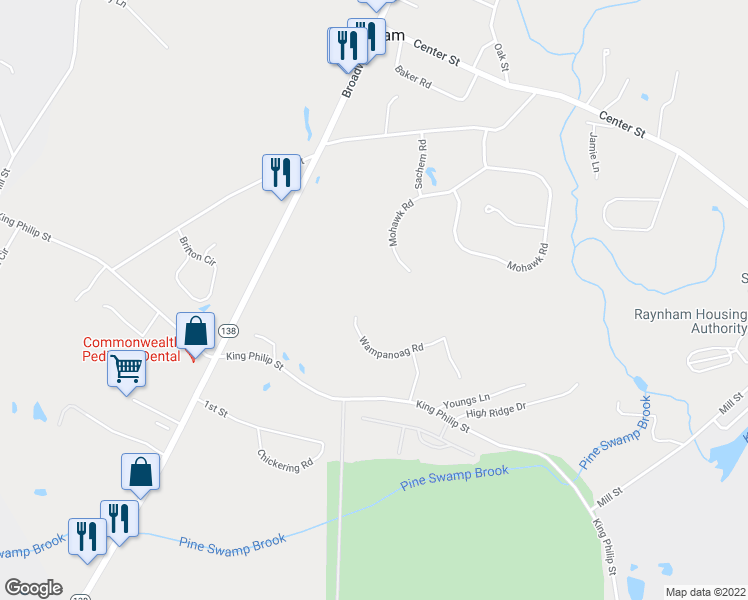 map of restaurants, bars, coffee shops, grocery stores, and more near 121 Wampanoag Road in Raynham