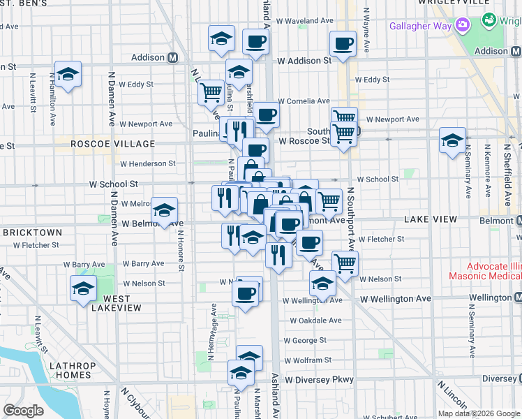 map of restaurants, bars, coffee shops, grocery stores, and more near 3213-3235 North Lincoln Avenue in Chicago