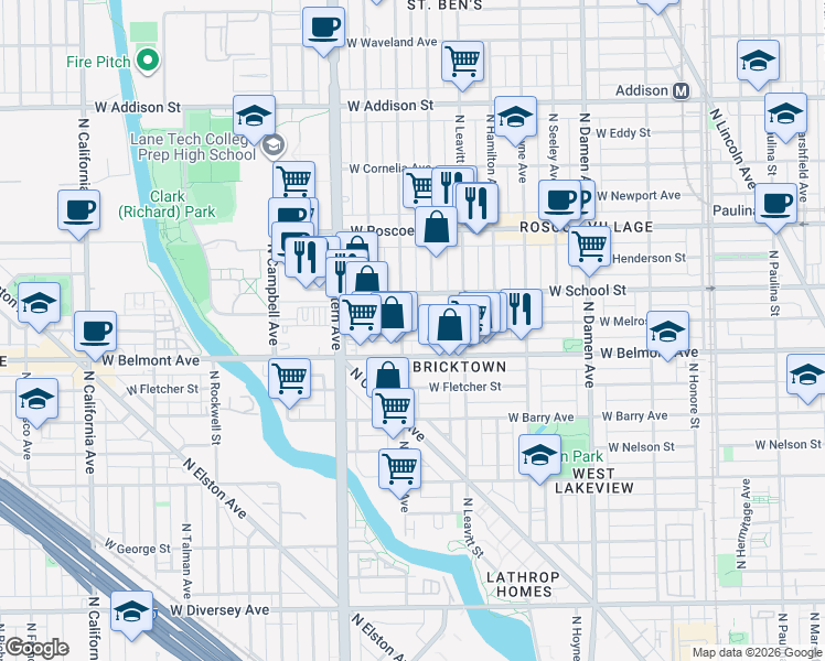 map of restaurants, bars, coffee shops, grocery stores, and more near 3209 North Oakley Avenue in Chicago