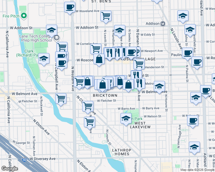 map of restaurants, bars, coffee shops, grocery stores, and more near 2143 West Melrose Street in Chicago