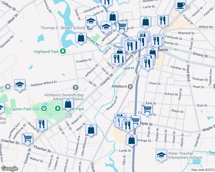 map of restaurants, bars, coffee shops, grocery stores, and more near 6 East 4th Street in Attleboro