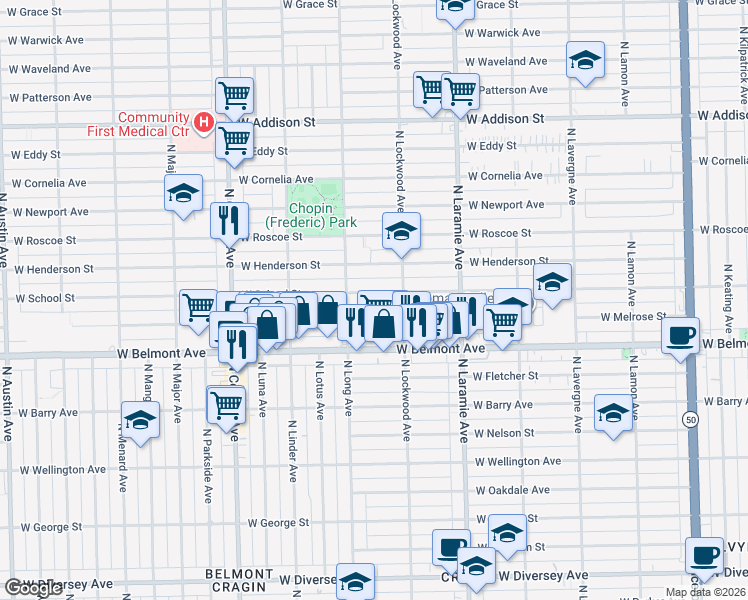 map of restaurants, bars, coffee shops, grocery stores, and more near 5331 West School Street in Chicago